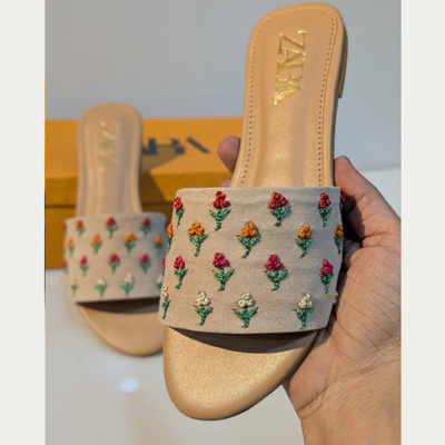Floral Embroidered Slides for Women