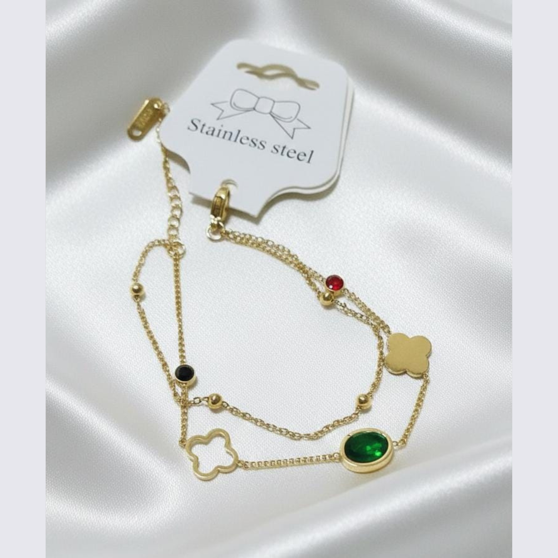 Emerald Stone & Clover Charms Bracelet